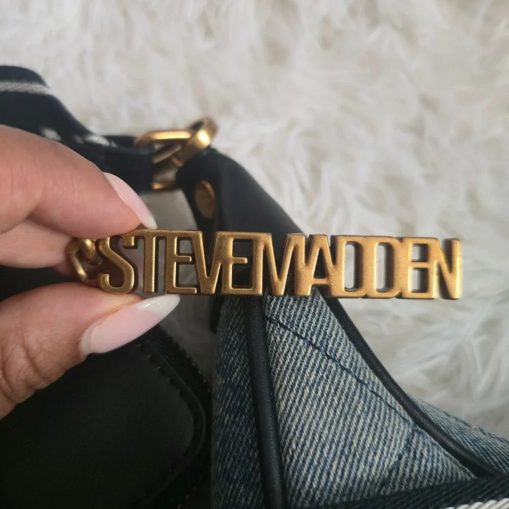 Steve Madden Blue Quilted Denim Crescent Shoulder Bag With Coin Purse Logo Strap